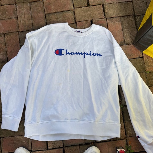 Champion Mens 2XL White Crewneck Sweatshirt Script Logo Fleece Pullover FTX
